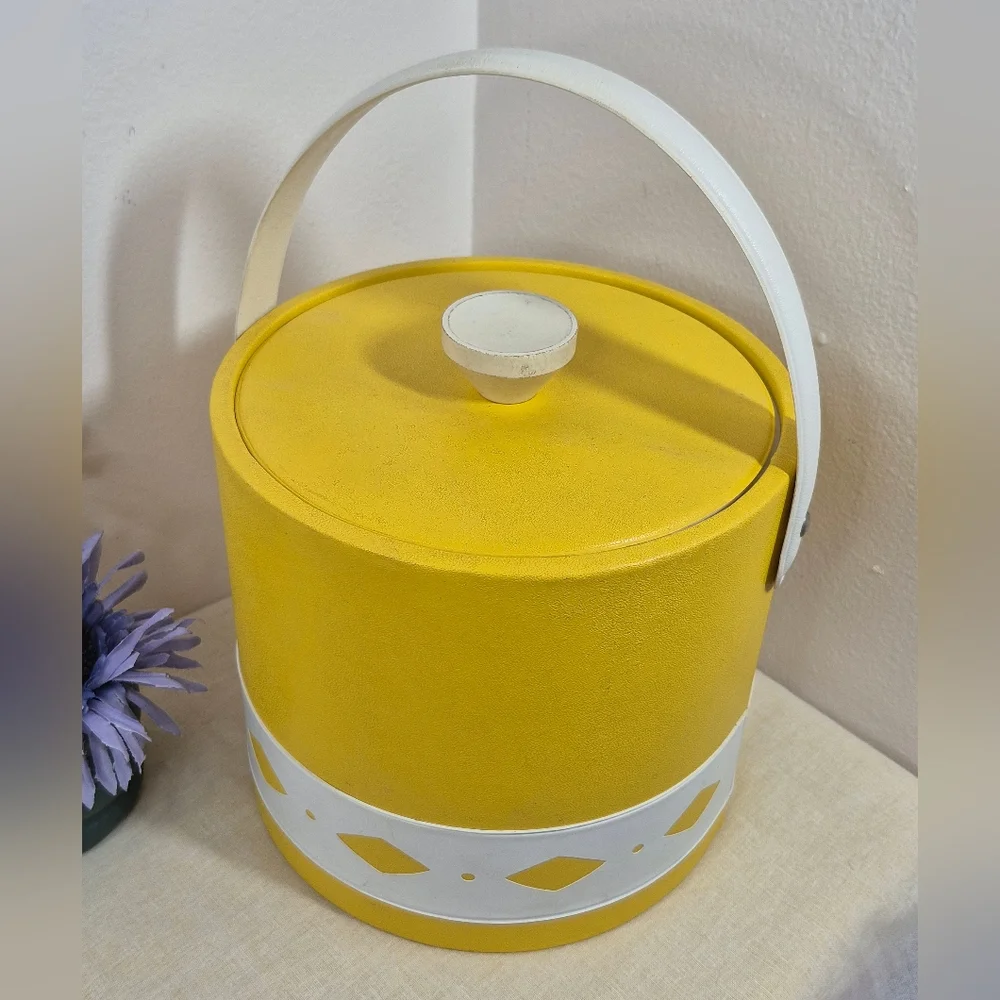 Vintage MCM Vinyl Ice Bucket Yellow with White Diamond Cutouts
